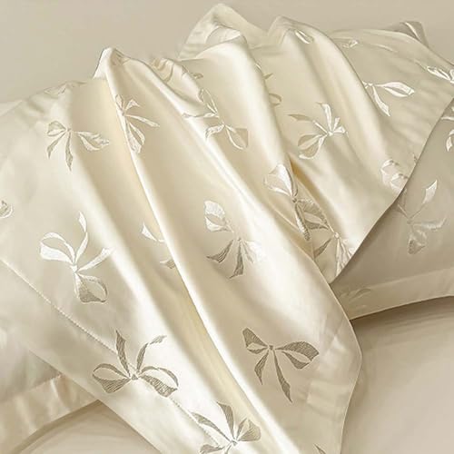 Nayoroom Bow Duvet Cover Queen Size Cooling Duvet Cover for Hot Sleepers 3 Pieces Elegant Cream White Satin Jacquard Breathable Bedding Set with Zipper Closure, Girls Dorm Bedding Nayoroom