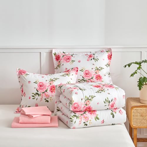 Flower Comforter Sheet Set White Bed in a Bag 7 Pieces Cal King Size Dark Pink Floral Bedding Set (1 California King Comforter 2 Pillow Shams 1 White Flat Sheet 1 Fitted Sheet 2 Pillowcases) UOZZI BEDDING