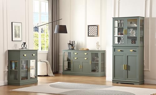 FOREST GRAVITY 58.27'' Buffet Cabinet with 2 Drawers and Adjustable Shelves,Large Glass Door Coffee Bar Cabinet,Modern Farmhouse Sideboard Credenza for Kitchen,Green FOREST GRAVITY