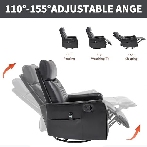High Back Massage Recliner with Heat - Swivel Rocking Chair for Small Spaces, Manual Lazy Boy Recliner for Adults, Perfect for Living Room & Bedroom, Soft Fabric (Black PU)