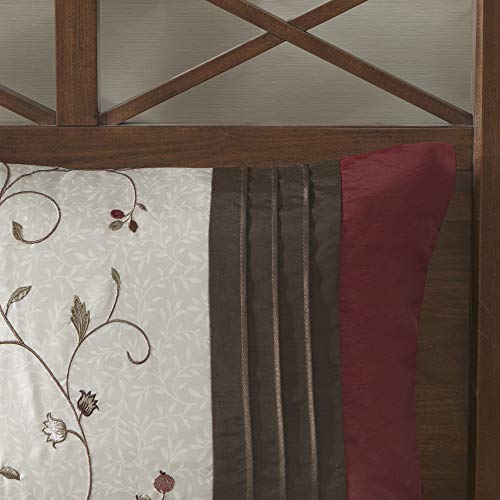 Madison Park Serene Faux Silk Comforter Set - Floral Embroidery Design, All Season Bedding Set, Matching Bed Skirt, Decorative Pillows, Red Cal King(104"x92") 7 Piece Madison Park