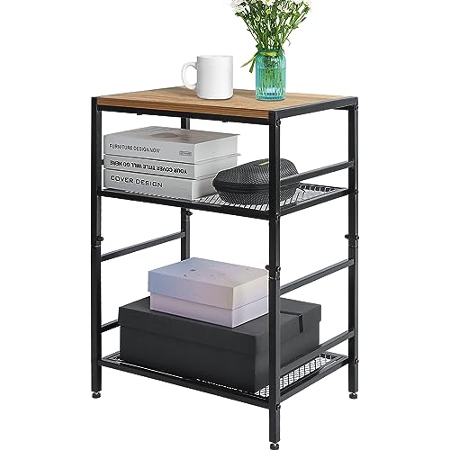 GIOTORENT 3-Tier Record Player Stand with Vinyl Storage, Tall Nightstand with Adjustable Shelf, Narrow Side Table/Bedside Table for Living Room, Bedroom, Office, Bathroom, Rustic Brown and Black GIOTORENT