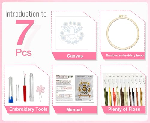 Huacan Embroidery Kit for Beginners Adults Includes Stamped Bee Pattern, Hoop, Color Threads,Tools,Easy to Follow Instruction
