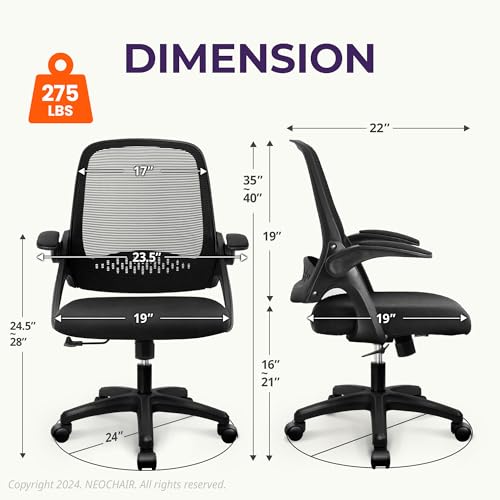 NEO CHAIR Office Desk Computer Gaming Ergonomic Chair with Lumbar Back Support Adjustable Height Swivel Wheels Flip-up Arms Mesh Chair for Home or Office (Black) NEO CHAIR