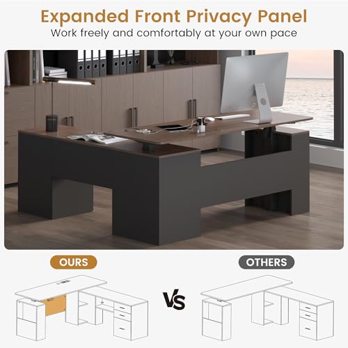 JOMEED 63" L Shaped Electric Standing Desk with Storage, Executive Adjustable Height with Power Outlets and Privacy Panel,Brown and Black JOMEED