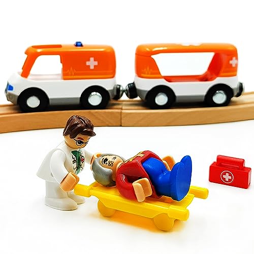 Magnetic Trains Cars Playset Wooden Train Track Accessories Train Set for Toddlers 3-5 Wooden Train Sets for Boys Ages 2-4-7 (Ambulance B (with Light and Sound)) DSHMIXIA