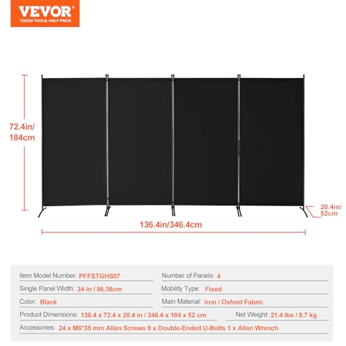 VEVOR Room Divider, 4 Panel Room Divider, Folding Privacy Screen and Portable Partition Divider for Room Separation, Freestanding Room Partitions for Office, Bedroom, Study, Black VEVOR