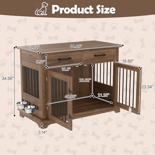 Merax 44.48" Large Dog Crate Furniture with Rotating Dog Bowls, Wooden Dog Kennel Furniture as End Table with 2 Storage Drawers, Decorative Pet Cage Indoor Dog House for Medium Dogs, Brown Merax
