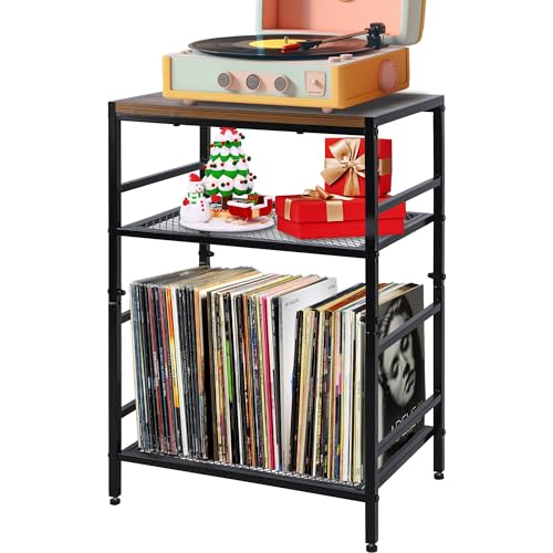 GIOTORENT 3-Tier Record Player Stand with Vinyl Storage, Tall Nightstand with Adjustable Shelf, Narrow Side Table/Bedside Table for Living Room, Bedroom, Office, Bathroom, Rustic Brown and Black GIOTORENT