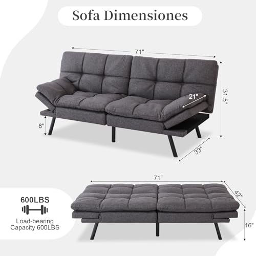 Opoiar Futon Sofa Bed Convertible Memory Foam Couch Bed, Modern Sleeper Sofa with Adjustable Armrests&Backrests, Christmas Futon Sets for Compact Living Spaces Office Dorm Bonus Room,Grey Opoiar