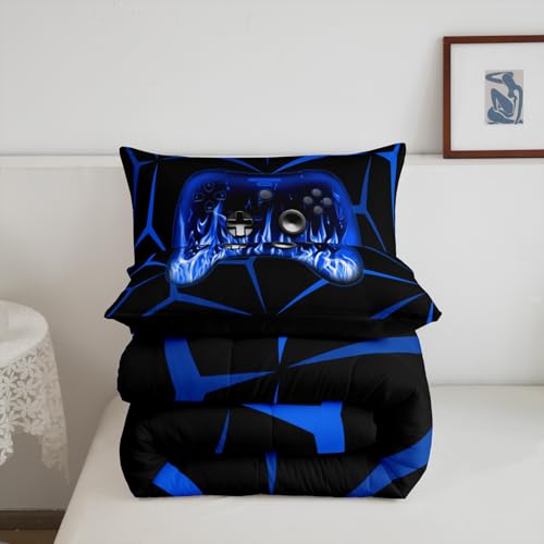 Feelyou Kids Gamer Comforter Set,Gaming Bedding Set Twin Size for Boys Girls,3D Geometric Video Game Console Comforter,Blue and Black Game Contoller Bed Set for All Season Feelyou