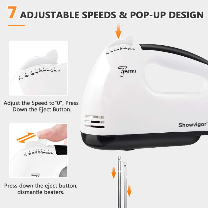 Showvigor Handmixer Electric Handheld - 7 Speed Portable Kitchen Mixer Electric with 5 Stainless Steel Accessories Whisk, Food Beater for Whipping Mixing Cookies Cakes Eggs Dough Showvigor