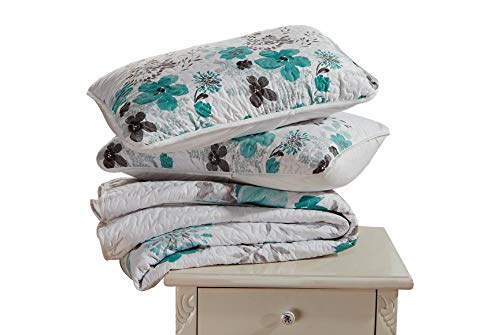 Luxury Home Collection 3 Piece Full/Queen Quilted Reversible Coverlet Bedspread Set Floral Printed Turquoise White Gray Luxury Home