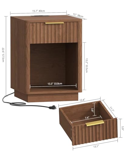 Akxomel Fluted Nightstand, Wooden Night Stand with Charging Station and LED Light, Modern Mid Century End Table with Drawer, 15" D x 15.7" W x 22.6" H, for Bedroom, Walnut Akxomel