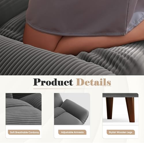 Homall Futon Sofa Bed, Modern Loveseat Futon Couch with Adjustable Backrest and Armrests, Sleeper Sofa Bed with Wood Frame for Living Room, Office, Apartment (Corduroy, Dove Gray) Homall