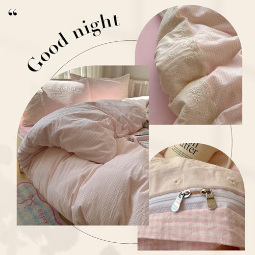VM VOUGEMARKET Pink Full Duvet Cover Set 3 Pieces Lace Bedding Set Simple Cozy Plaid Checkered Comforter Cover with Zipper Ties for Teen Girls VM VOUGEMARKET
