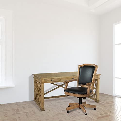 Hekman Furniture Wellington Hall Wood Frame Desk Chair - Genuine Black Leather Antique Brass Nail Head Trim Pneumatic Lift Tilt Mechanism Rolling Wood Base Chair Best for Home & Office Décor Hekman