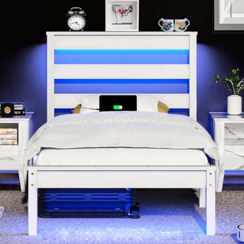 VINGLI Solid Wood Twin Bed Frame with LED Lights & USB Charging, Platform Bed with Storage Headboard Shelf, No Box Spring Needed, Noise-Free, Easy Assembly,White VINGLI