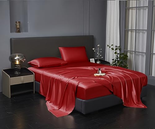 Revdomfly 4 Pcs Queen Size Luxury Silky Soft Wine Red Satin Sheet Set,1 Premium Moisture Wicking Fitted Sheet Fits Up to 16 Inches Deep Pocket + 1 Flat Sheet + 2 Pillowcases(Wine Red, Queen) Revdomfly