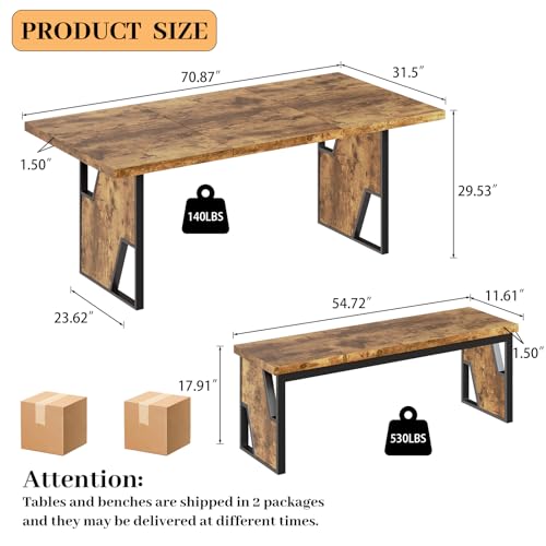 HIPIHOM 70.8" Wooden Dining Table with 2 Benches, Modern Kitchen Table and Chairs Set for 4-6 Person, Thickened MDF Wooden Table with Dining Bench for Living Dining Room, Kitchen, Office HIPIHOM