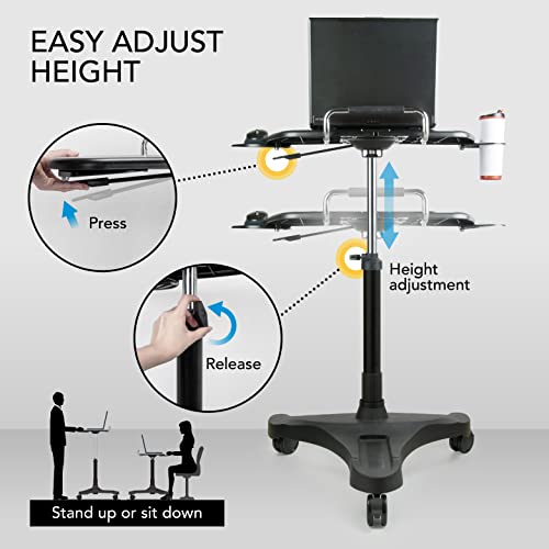 EHO Mobile Laptop Desk Cart with Wheels, Height Adjustable Standing Desk with Pneumatic Lift, Rolling Workstation with Mouse Tray and Cup Holder, Portable Table for Home Office or Classroom EHO