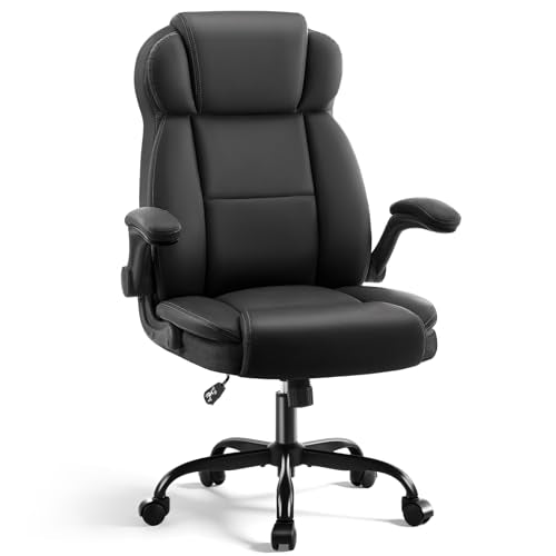 AreShark Ergonomic Office Chair with High Back Headrest, PU Leather Executive Desk Chair - Padded Flip-Up Armrests, Lumbar Support, Swivel Computer Chair for Home Office & Gaming, Black AreShark