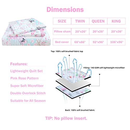 Cmfshape Garden Floral Bedding Set Twin,Reversible Quilted Bedspread,Pink Butterfly Quilt Set,Reversible Stitched Coverlet with 1 Pillow Sham(Twin68 x86 Pink) Cmfshape