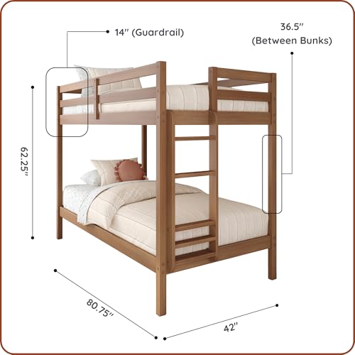 Grain & Grove Bear Twin Over Twin Bunk Bed, Sturdy Bunk Bed Frame for Kids, Plywood Bunk with Ladder, Guardrail, and Slats, No Box Spring Required, Oak Embossed Pecan Grain & Grove