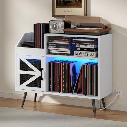 Loomie Large Record Player Stand with Power Outlet & LED Light, 350 Vinyl Record Storage Cabinet with Magnetic Door, Turntable Table with Wood Legs for Living Room (White) Loomie