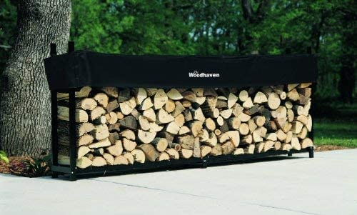 Woodhaven 10 Foot Black Firewood Log Rack With Optional Seasoning Cover - Made In The USA - Lifetime Structural Warranty - Steel Outdoor Rack with Black Texture Powder Coat Finish (Cover) Woodhaven
