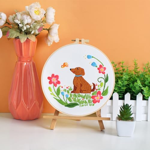 Louise Maelys Dog Embroidery Kits for Beginners with Floral Pattern,Cross Stitch Kit for Adults DIY Needlepoint with Embroidery Instructions