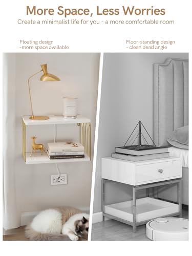 Sivapleso Floating Nightstand with Cable Hole, Modern Minimalism Small Wall Mounted White&Gold Bedside Table Pine Wood Hanging Night Stands Storage 2 Tier Shelf for Bedroom Bathroom Kitchen Sivapleso