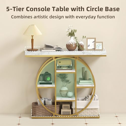 HOMCOM Entryway Table, 39.4" Console Sofa Table with Storage Shelves and Circle Steel Frame, Narrow Wood Accent Tables for Entrance, Hallway, Foyer, Living Room, White Marble Effect HOMCOM