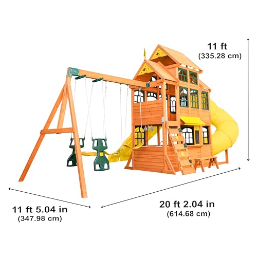 KidKraft Atlas Point Wooden Outdoor Swing Set/Playset with Kitchen, Slides and Glider KidKraft