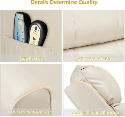 Power Lift Recliner Chair for Elderly Adults Adjustable Lounge Sofa Cream White Faux Leather Lay Flat Function Supportive Backrest Side Pocket SDKOLPBNMZX