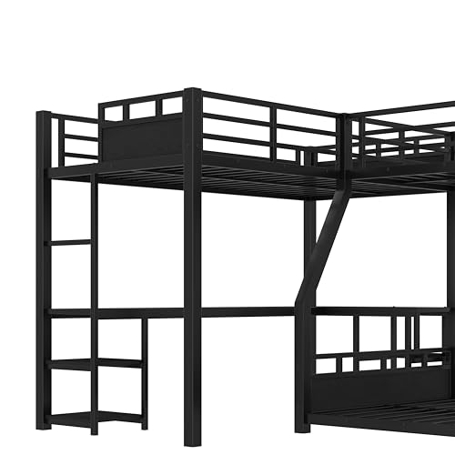 Metal Twin Over Full Bunk Beds with Twin Loft Bed, Heavy Duty Triple Bunk Bed Frame with Slide and Desk,L-Shaped Triple Bunk Beds with Storage Shelves for 3 Kids,Black Bellemave