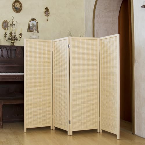 Loomveil 4 Panel Short Room Divider Folding Screen,47 inch Bamboo Panel Divider for Home Partition,Beige Loomveil