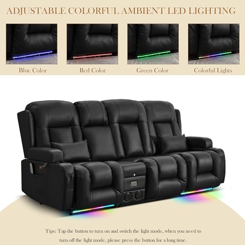 TUNYI Power Loveseat Recliner Sofa with Massage & Heat Home Theater Seating with Console RV Recliner Loveseat Sofa with USB/Storage/Side Pocket/LED Light/Speaker (Black, 3 Seat with Console)