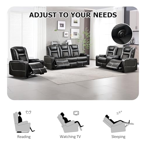 CANMOV Home Theater Seating Seats, Theater Recliner Chair Sofa, PU Leather 3 seat Power Recliner Sofa with Cup Holders, Hidden Arm Storage, USB Ports,Black