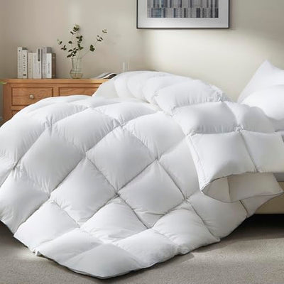Ubauba Goose Feather Down Fiber Comforter King Size - All Season White Fluffy Duvet Insert - 750+ Fill Power Luxurious Hotel Bedding Comforter - Soft 100% Cotton Cover, Medium Warmth (106x90 Inch)