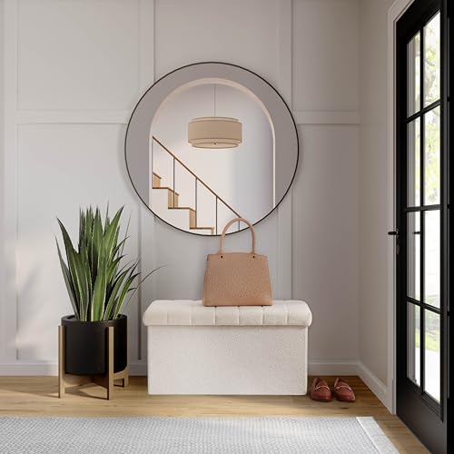 Seville Classics Cushioned Fabric Ottoman Hidden Storage Chest Footrest Chair, Padded Seat for Bedroom, Dorm, Loft, Living Room, Entryway, Hallway, White Boucle, 30" Bench Seville Classics