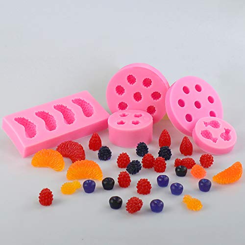Juome 5Pcs Fruit Shaped Jelly Molds, 3D Mini Pineapple Strawberry Orange Blueberry Mulberry Candle Silicone Fruit Mold for Cupcake Decorating, Soap, Chocolate