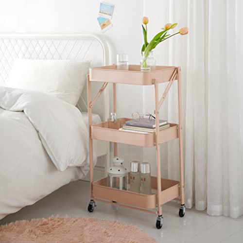 Urban Lifestyle 3 Tier Foldable Metal Rolling Storage Utility Cart, No Tools Assembly, Blush Urban Lifestyle