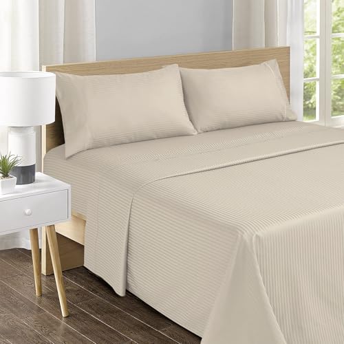 Feather & Stitch 500 TC King Size Damask Bed Sheet Set, 100% Cotton Soft Breathable Bedsheets, 4 Piece 18" Deep Pockets Sateen Weave Striped Bedding Mattress Resort Hotel Luxury- (Beige Stripe)