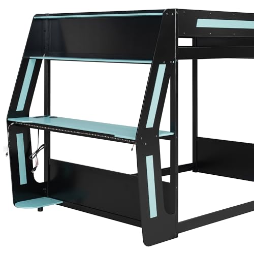 SOFTSEA Full Size Gaming Loft Bed with Desk, LED Lights & Charging Station, Wood Full Gaming Bunk Bed with Desk and Storage Shelves for Kids Teens Adults, Black & Blue SOFTSEA