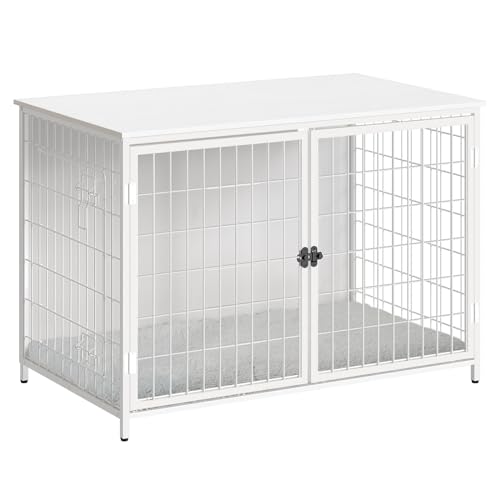 MAHANCRIS Dog Crate Furniture with Cushion, Wooden Dog Kennel with Double Doors, Heavy Duty Dog Cage for Small/Medium/Large Dogs, Indoor Dog House End Table, 39.4" L, White DCBW10701 MAHANCRIS