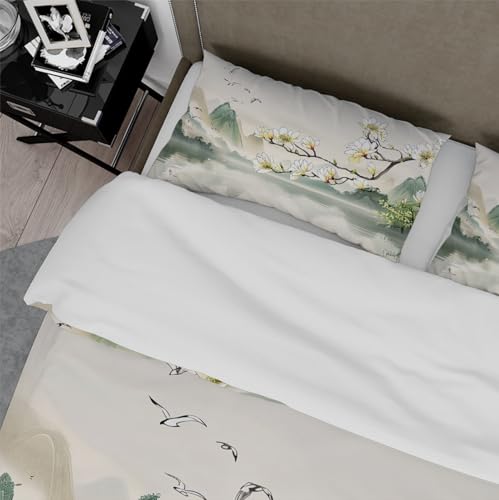 OLLIAR Home Magnolia Duvet Cover Chinese Landscape Ink Painting Green White Bedding Mountain Botanical Flowers Comforter Cover with 2 Pillowcases Super King Size OLLIAR Home