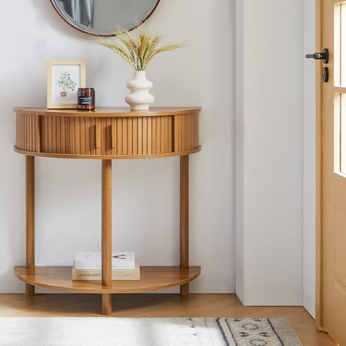 Entryway Table, Half Moon Fluted Console Tables with Storage, Mid Century Modern Small Half Round Sofa Tables for Hallway, Narrow Curved Accent Decor Table for Living Room (Mid-Century Modern, Walnut) Janmer Home