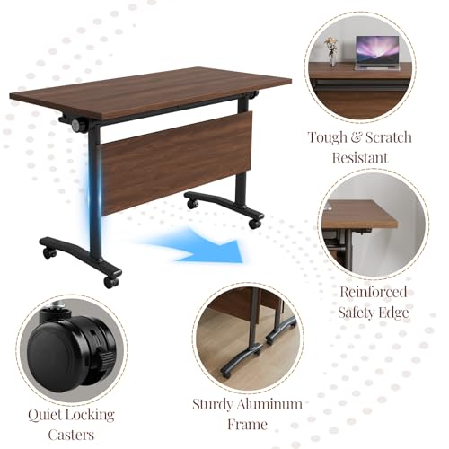 6Packs Folding Conference Table with Silent Wheels,Mobile Flip Top Meeting Room Table for Office Training and Classroom,Foldable Modular Rolling Desk for Home Office,Walnut Space-Saving Rectangular JFazzruit