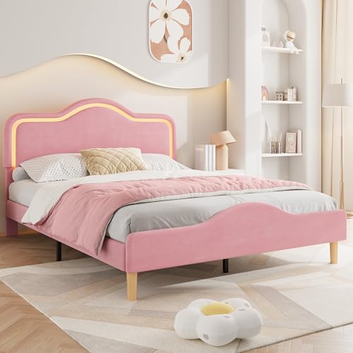 GarveeHome Full Size LED Bed Frame with Adjustable Headboard & Footboard, Velvet Upholstered Princess Platform Bedframe for Kids/Girls, Wooden Slats Support, No Box Spring Needed, Easy Assembly GarveeHome